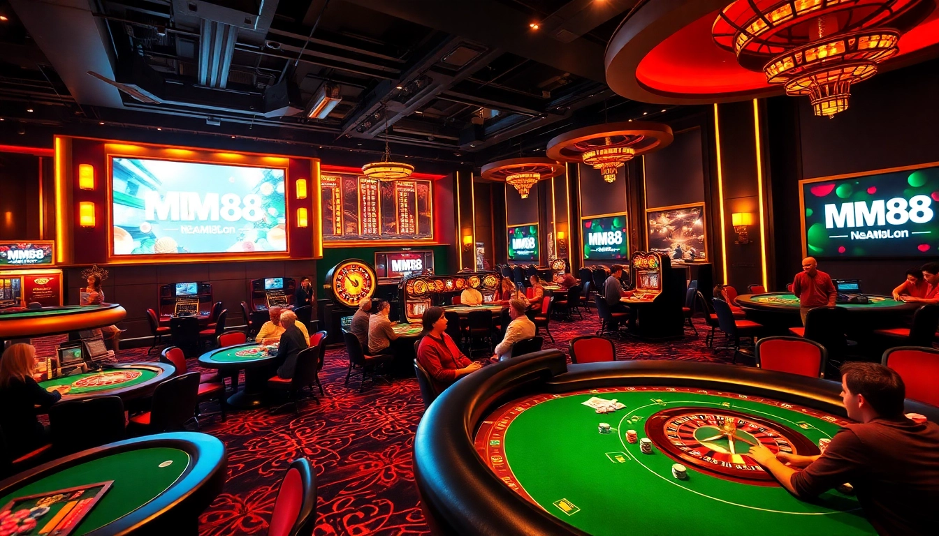 Experience the thrilling energy of MM88 casino with players at the poker table enjoying high stakes games and vibrant atmosphere.