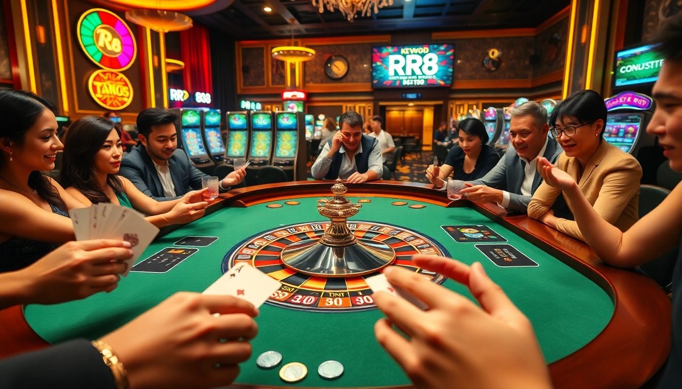Players enjoying the thrilling experience at RR 88 Casino's roulette table, with vibrant chips and excitement in the air.